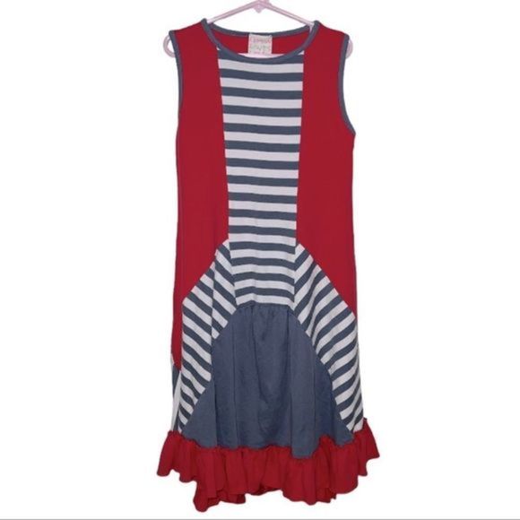 Lemon Loves Lime Girls Tank Ruffle‎ Dress, Sz 7, Americana Blue/Red/White - Picture 1 of 6